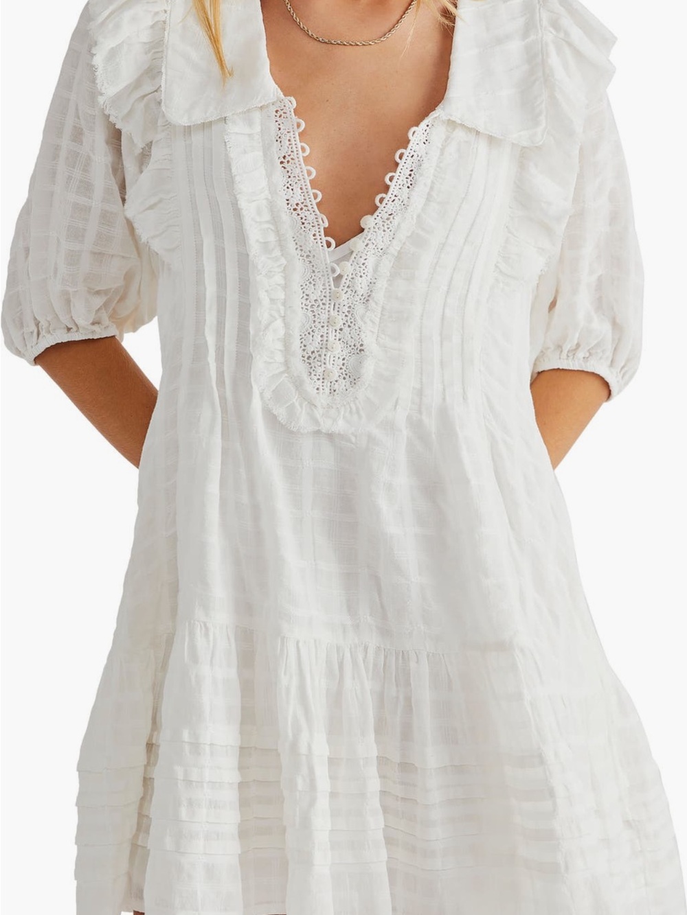 Free People White Mini Dress with Lace V-Neck and Ruffles